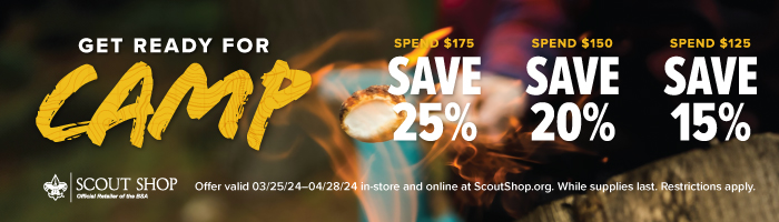 Get ready for camp: save 25% when you spend $175, save 20% when you spend $150, save 15% when you spend $125 through April 28th.